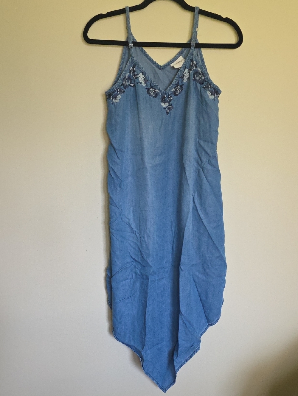Knox Rose Blue Chambray Asymmetrical Slip Dress with Floral Embroidery